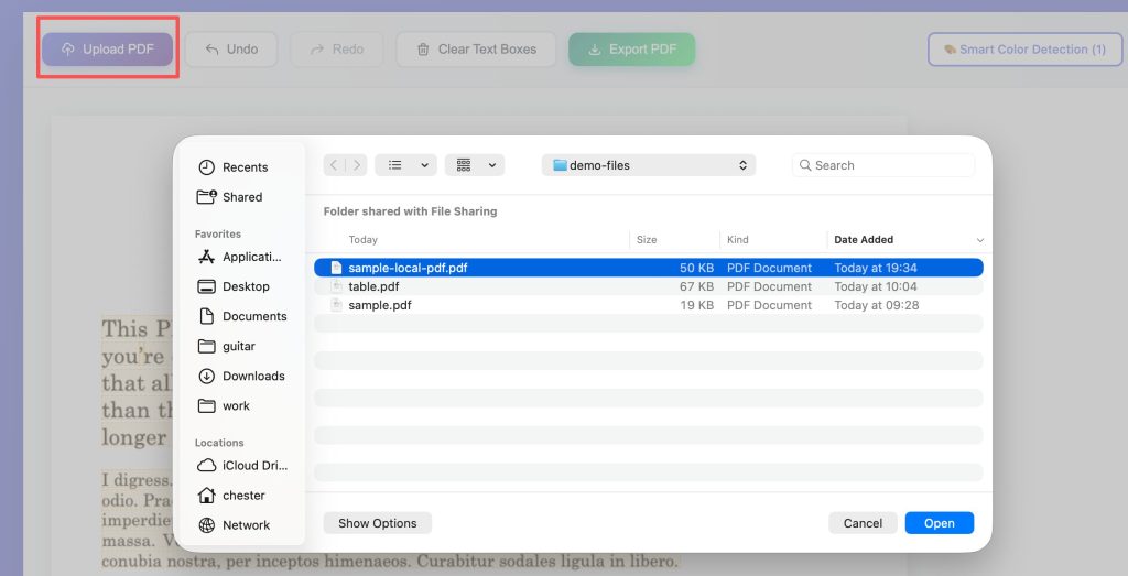 Upload local PDF file before editing