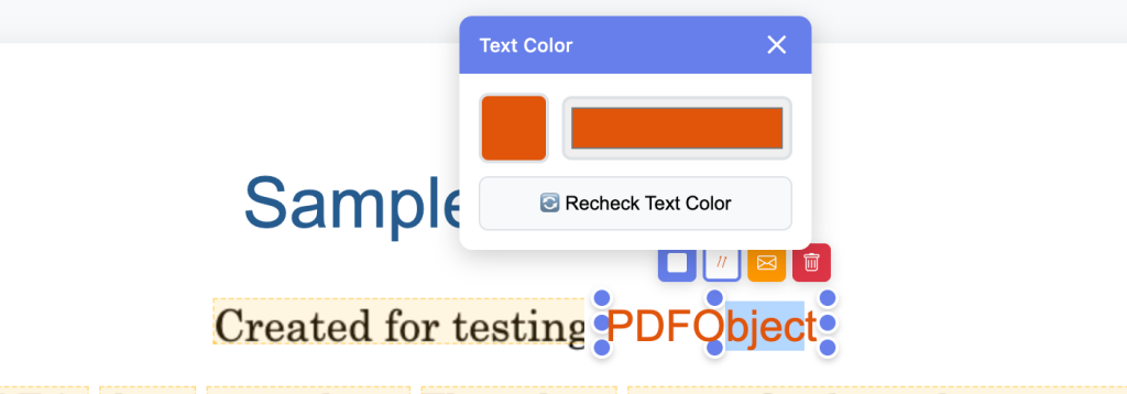 PDF editing toolbar and controls