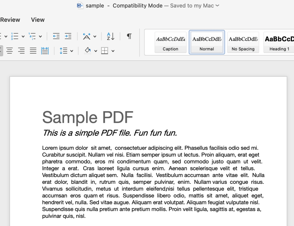 Simple text PDF used for PDF to Word conversion test