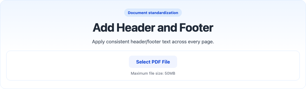 Add header and footer tool interface screenshot