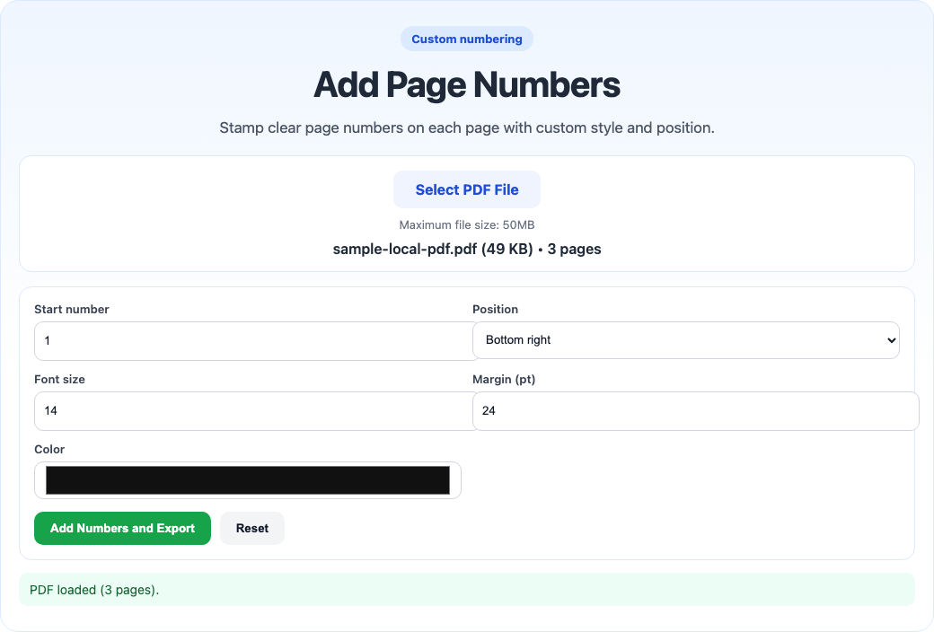 Add page numbers tool interface screenshot