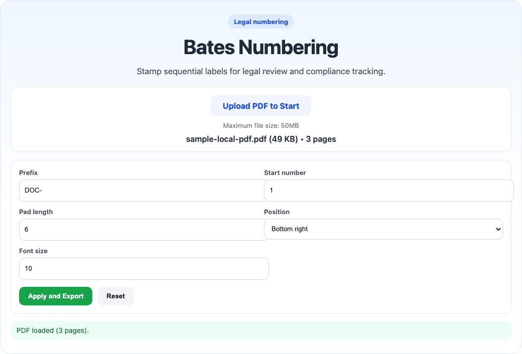 Bates numbering tool interface screenshot