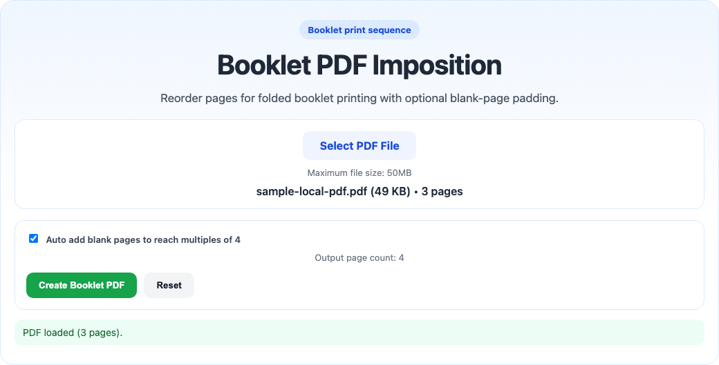 Booklet PDF imposition tool interface screenshot