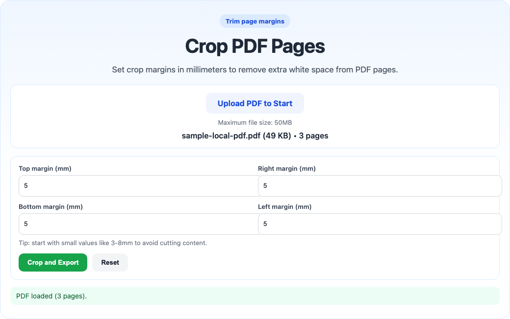 Crop PDF pages tool interface screenshot