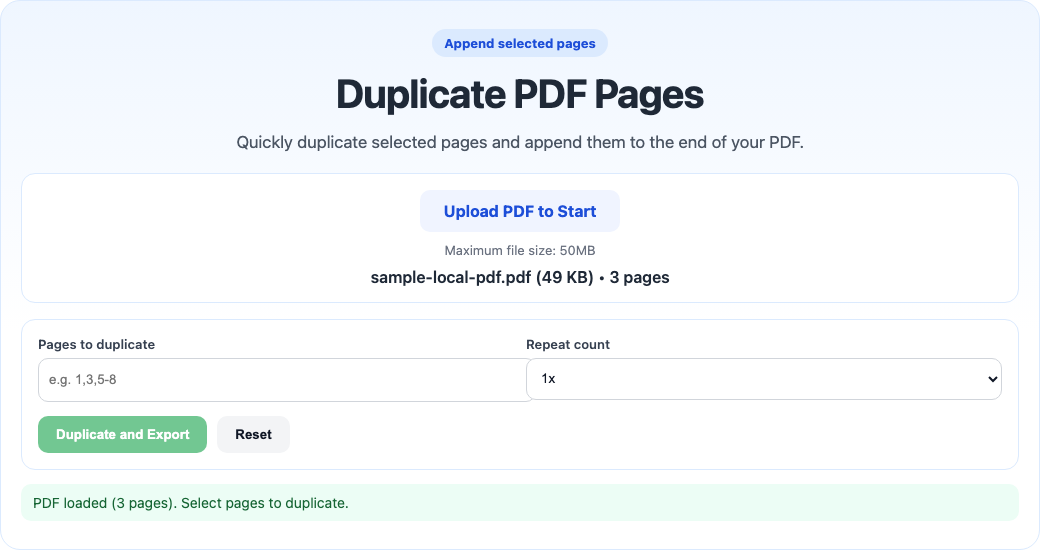 Duplicate PDF pages tool interface screenshot