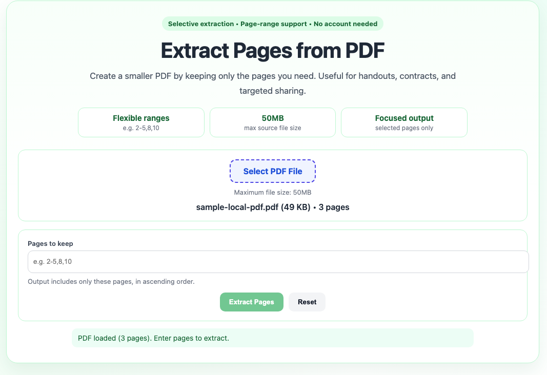 Extract PDF pages tool interface screenshot