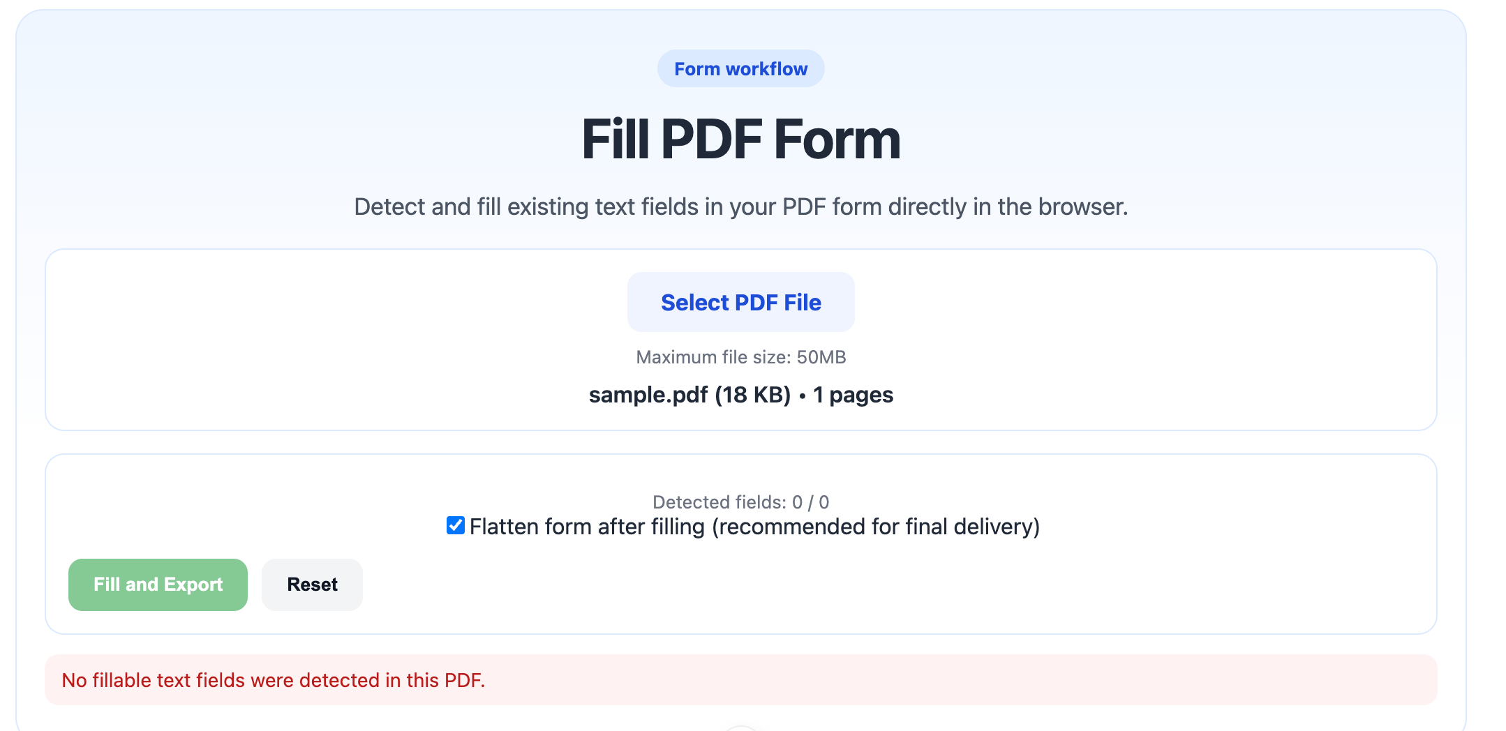 Fill PDF form tool interface screenshot