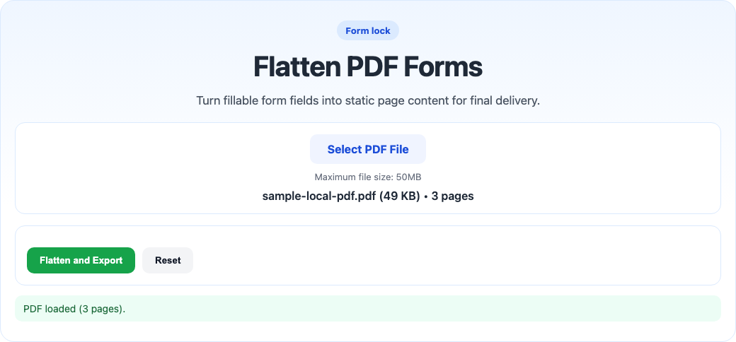 Flatten PDF form tool interface screenshot