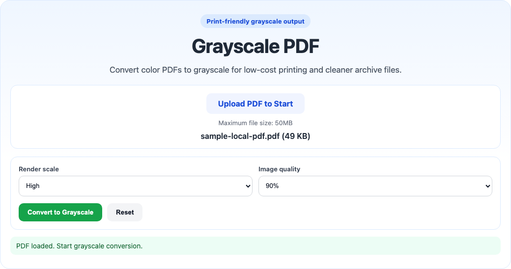 Grayscale PDF tool interface screenshot
