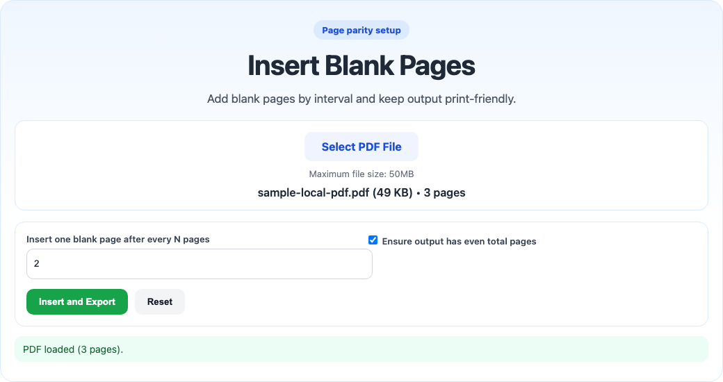 Insert blank pages tool interface screenshot