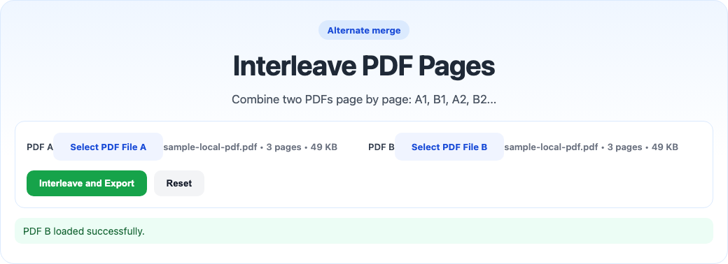Interleave PDF pages tool interface screenshot