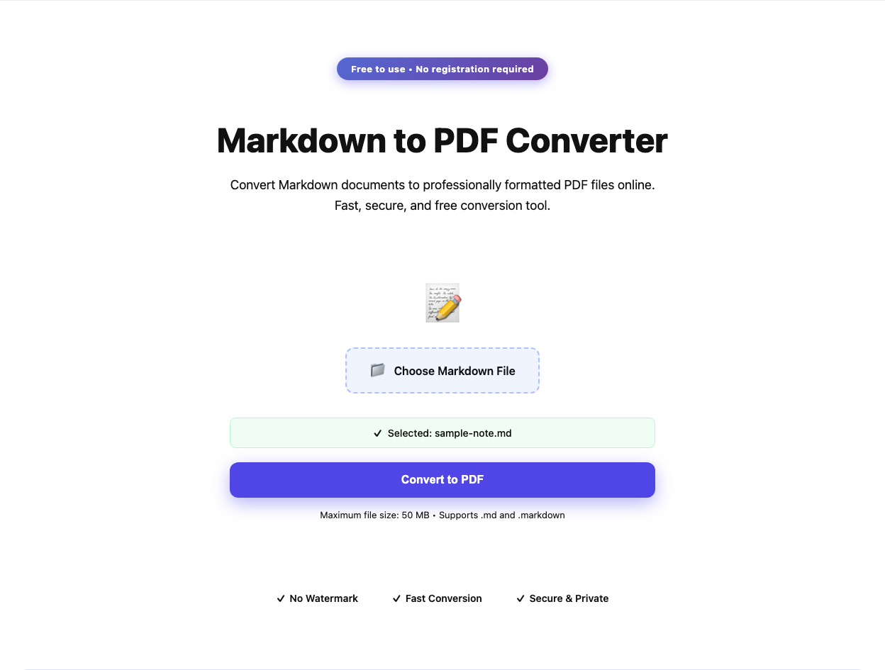 Markdown to PDF tool interface screenshot