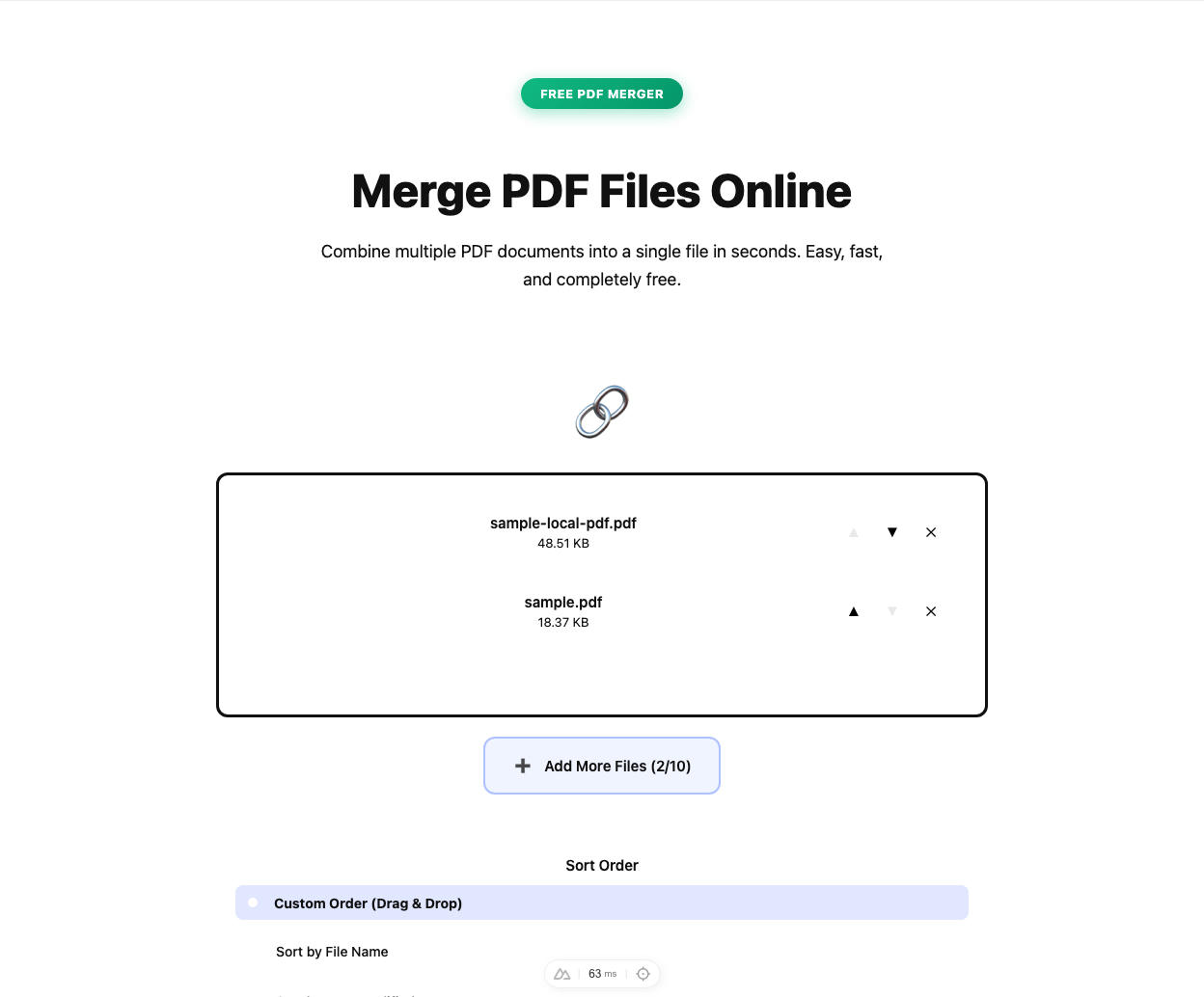 Merge PDFs tool interface screenshot