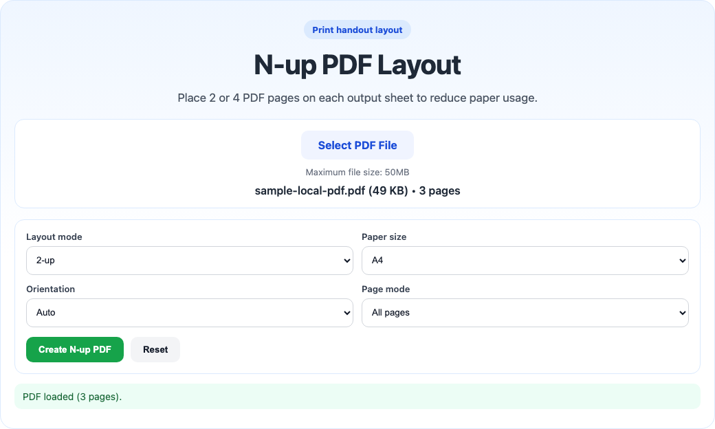 N-up PDF layout tool interface screenshot