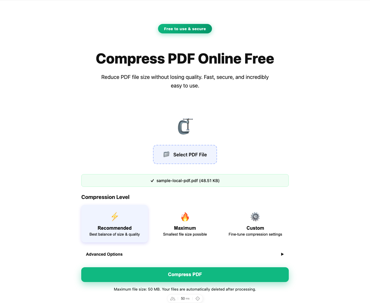 Compress PDF tool interface screenshot