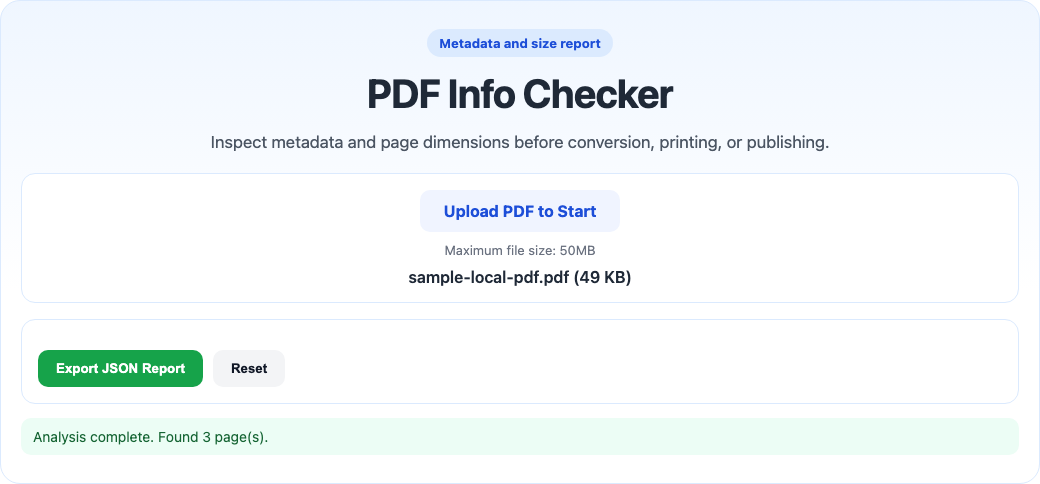 PDF info report tool interface screenshot