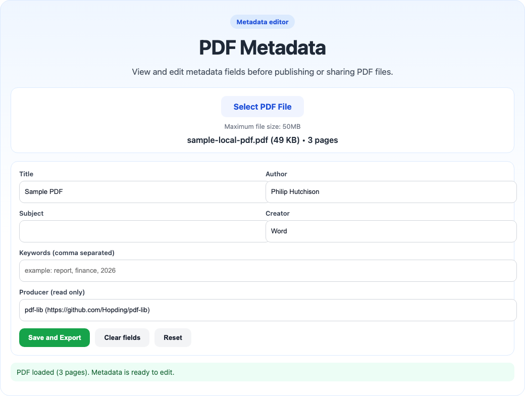 Edit PDF metadata tool interface screenshot