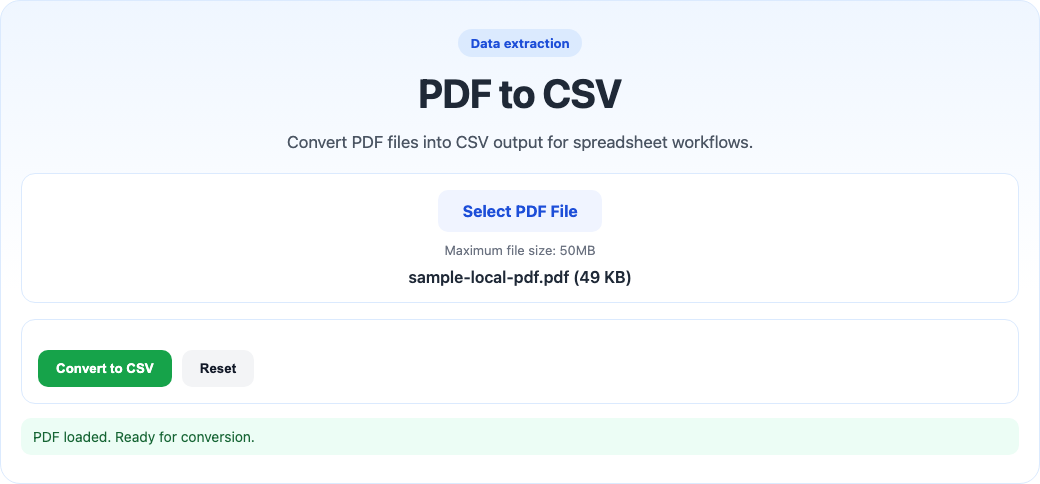 PDF to CSV tool interface screenshot