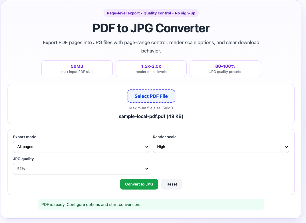 PDF to JPG tool interface screenshot