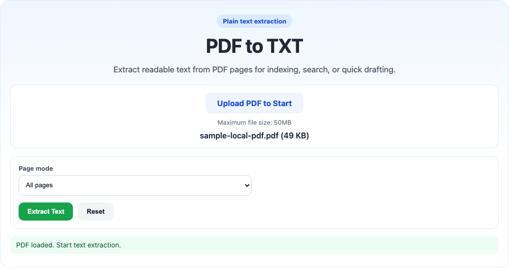 PDF to TXT tool interface screenshot