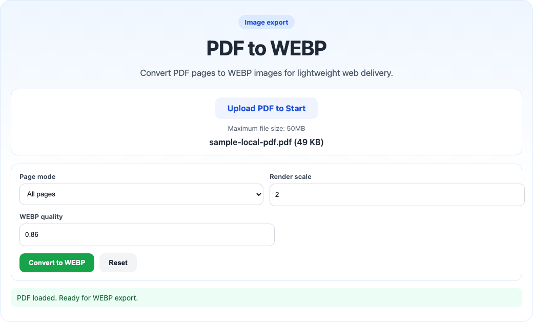 PDF to WEBP tool interface screenshot