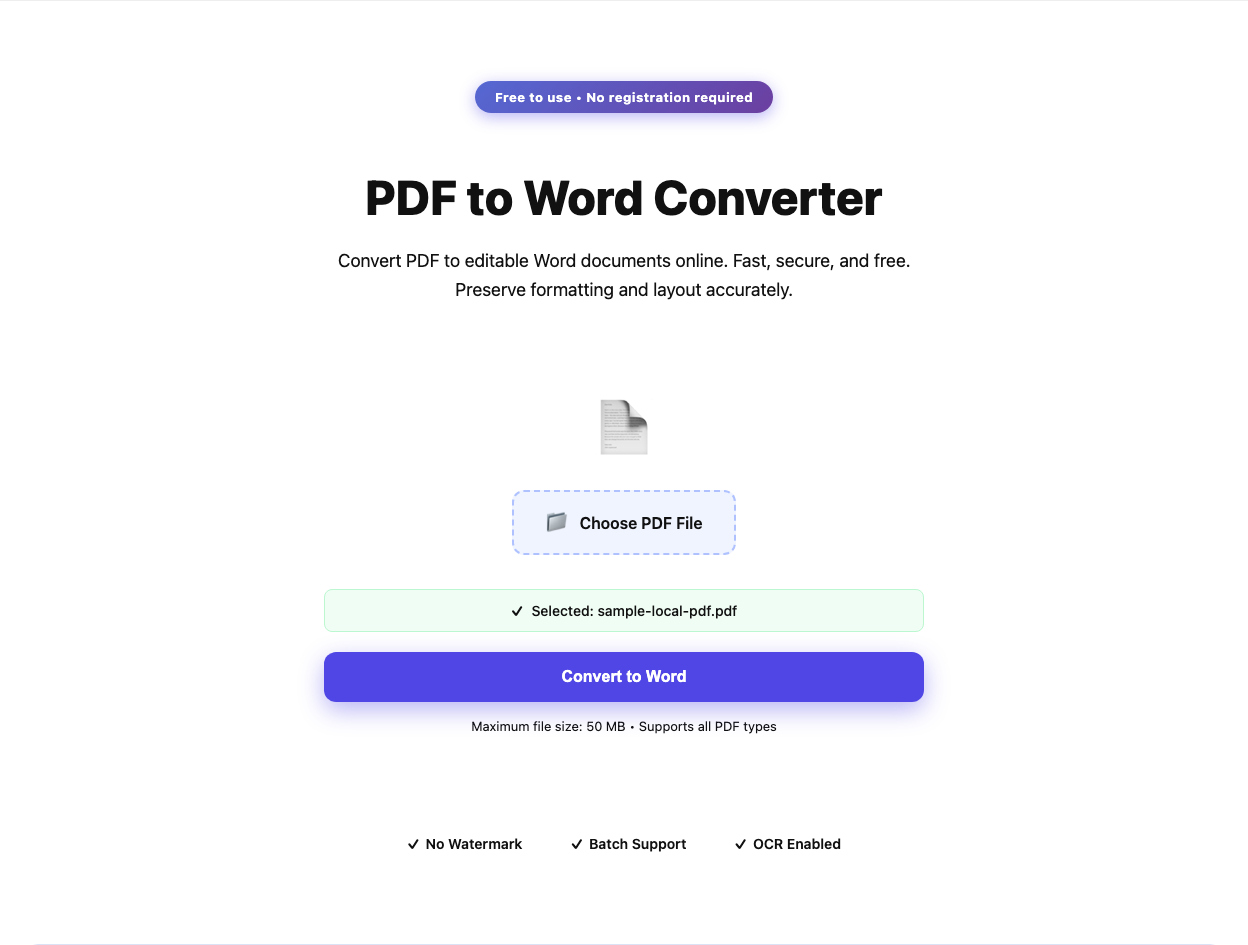 PDF to Word tool interface screenshot