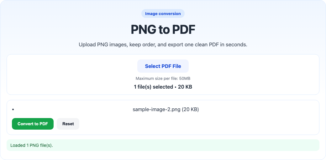 PNG to PDF tool interface screenshot