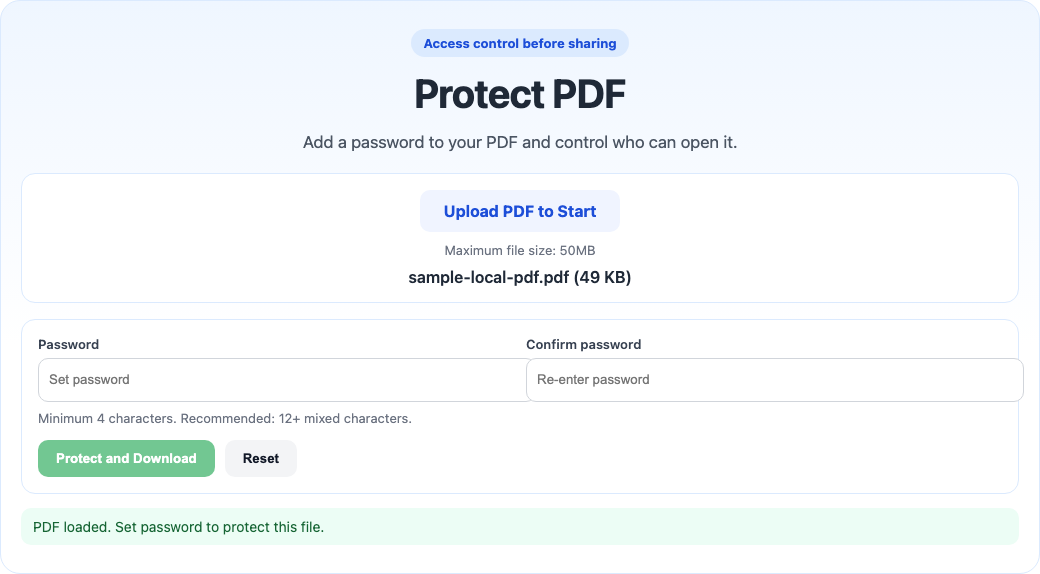 Protect PDF tool interface screenshot