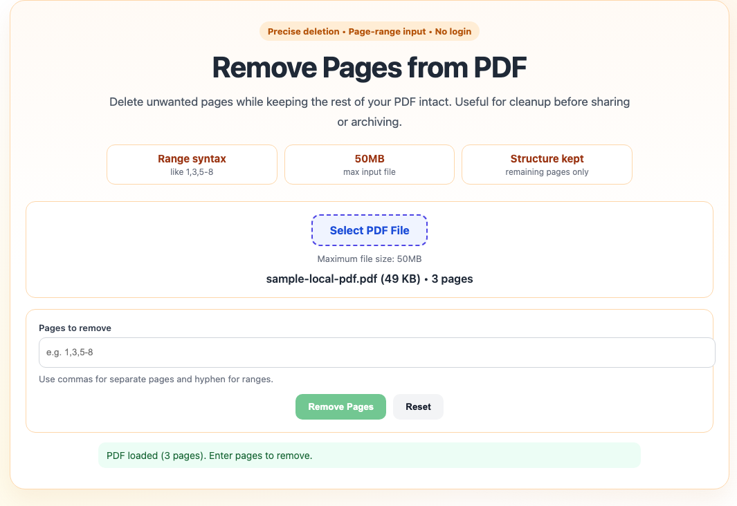 Remove PDF pages tool interface screenshot