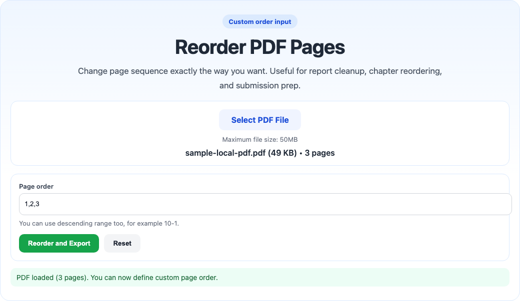 Reorder PDF tool interface screenshot