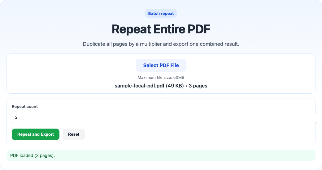 Repeat PDF tool interface screenshot
