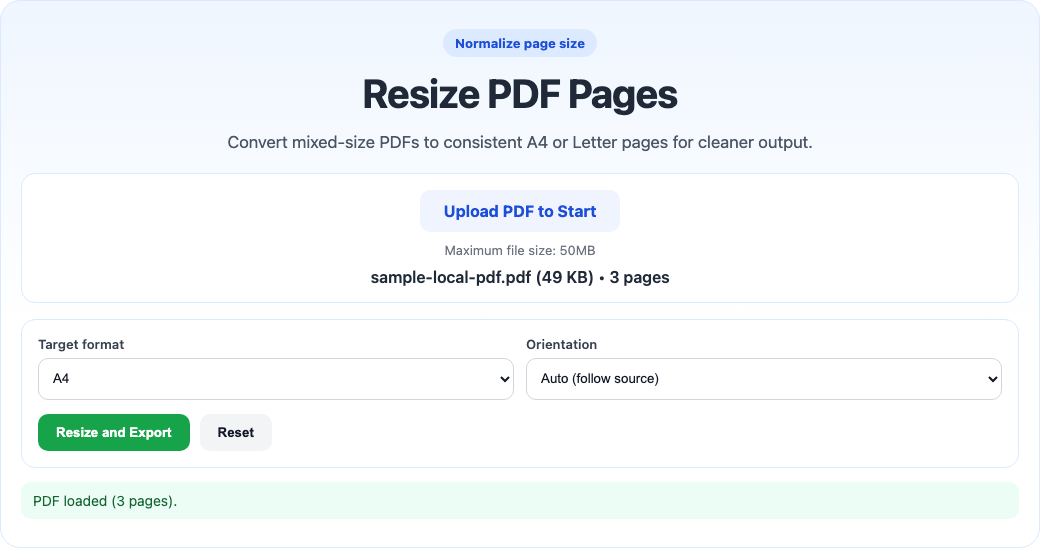Resize PDF pages tool interface screenshot