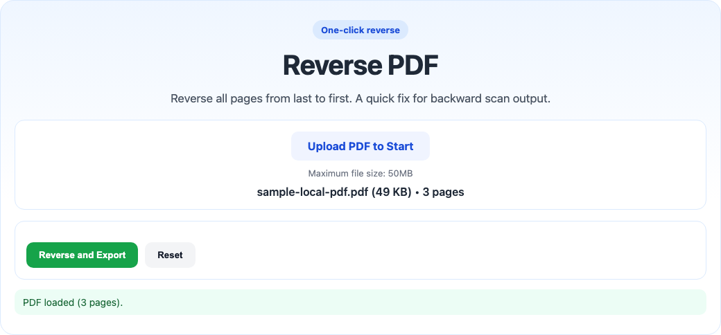 Reverse PDF order tool interface screenshot