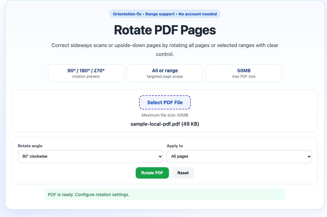 Rotate PDF tool interface screenshot
