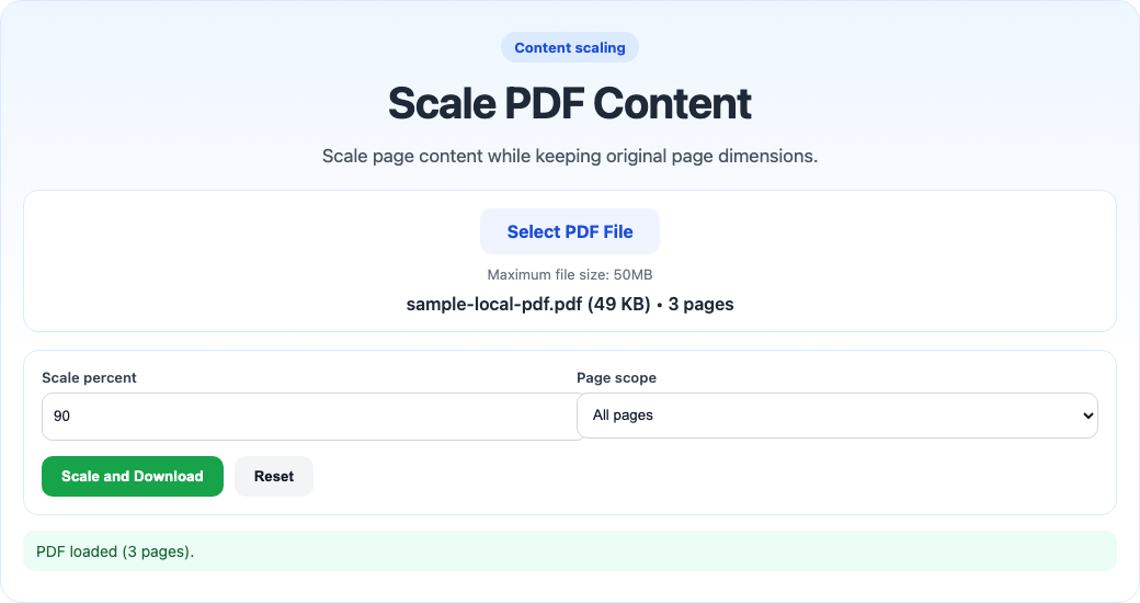 Scale PDF content tool interface screenshot