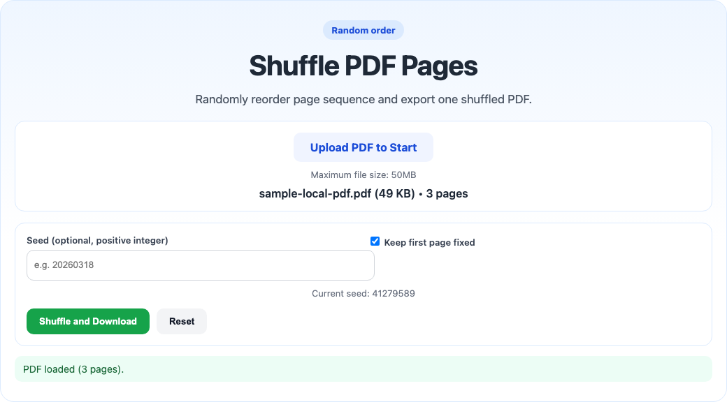 Shuffle PDF pages tool interface screenshot