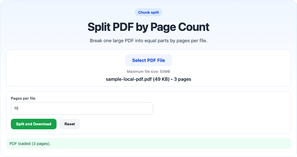 Split PDF by count tool interface screenshot