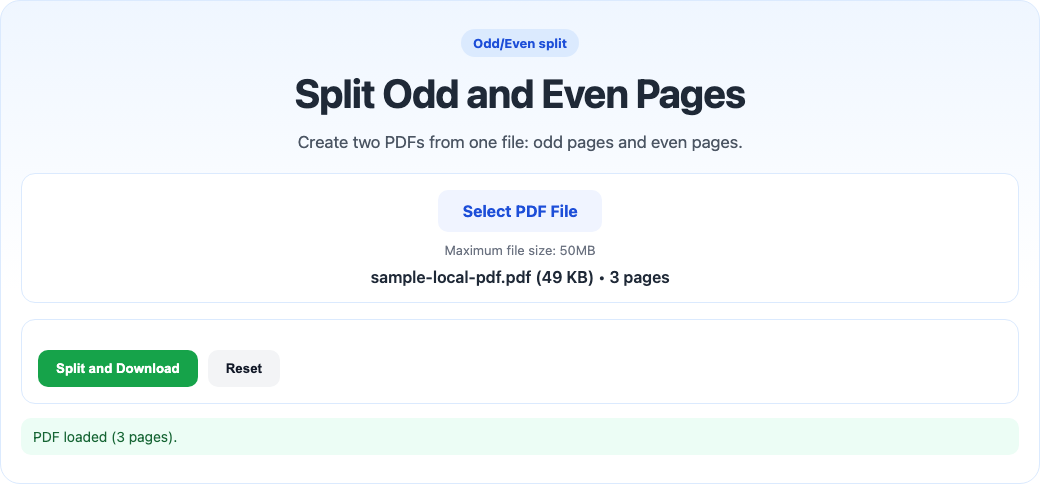 Split odd and even pages tool interface screenshot