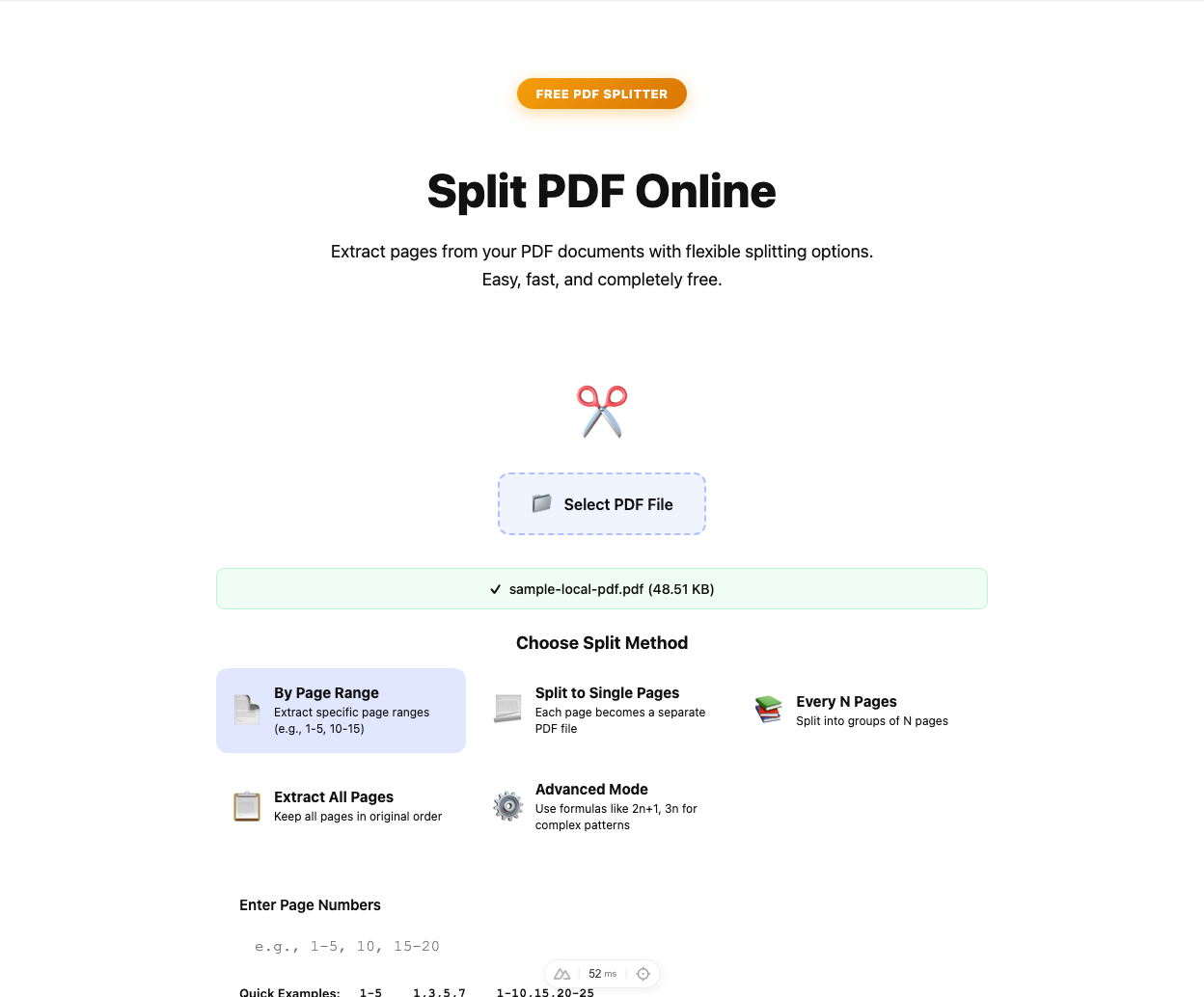 Split PDF pages tool interface screenshot