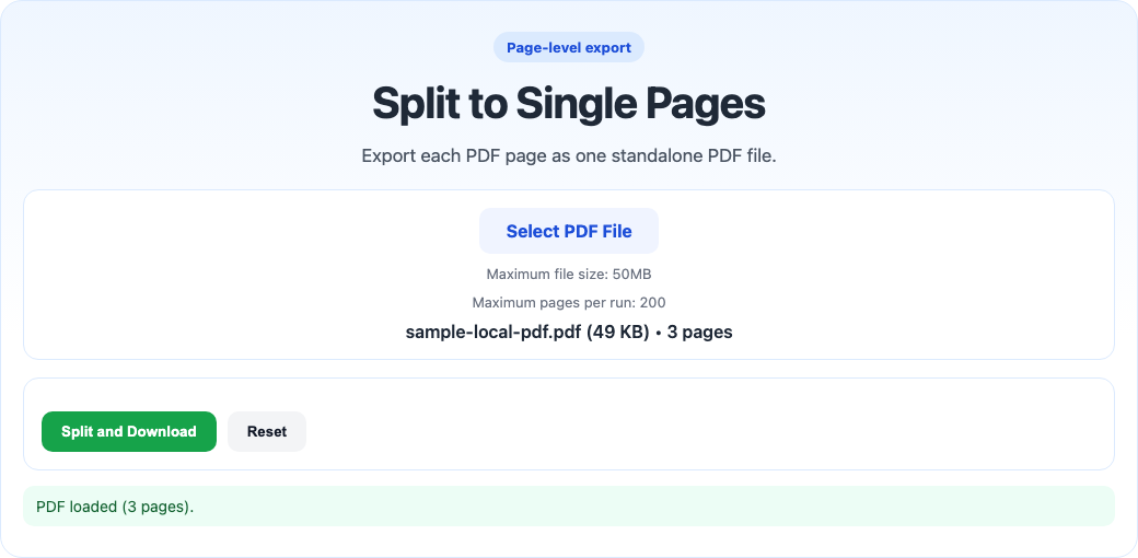 Split to single pages tool interface screenshot
