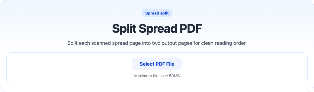 Split spread PDF tool interface screenshot