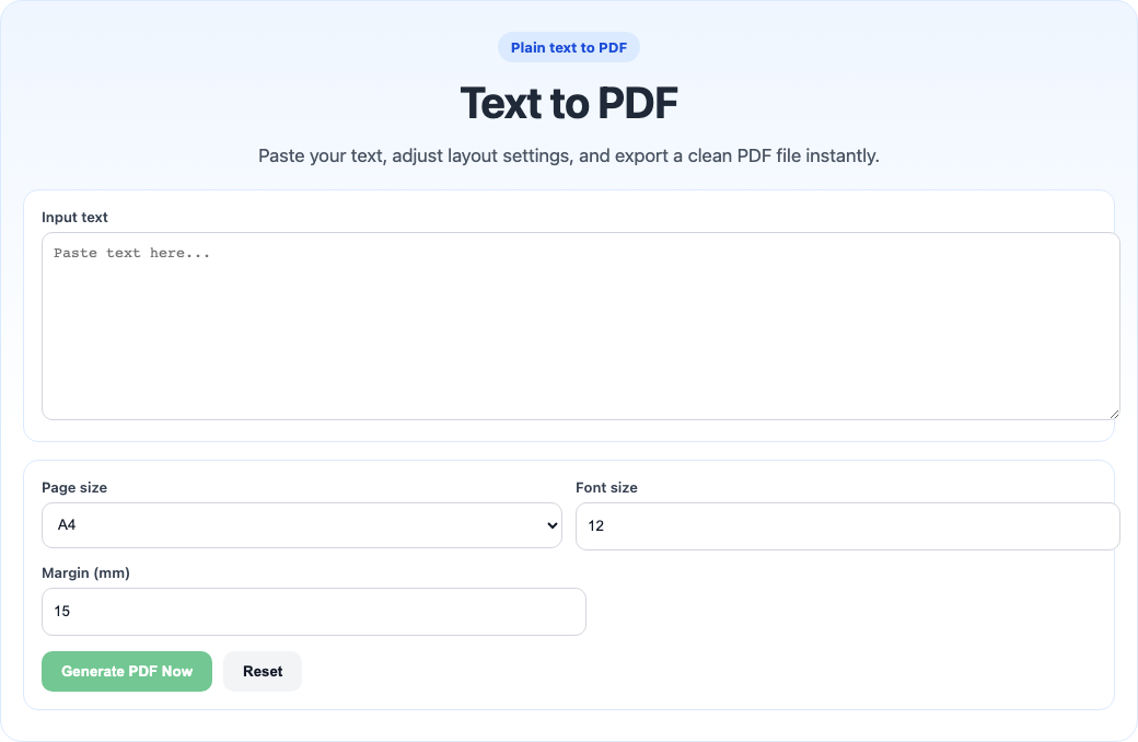 Text to PDF tool interface screenshot