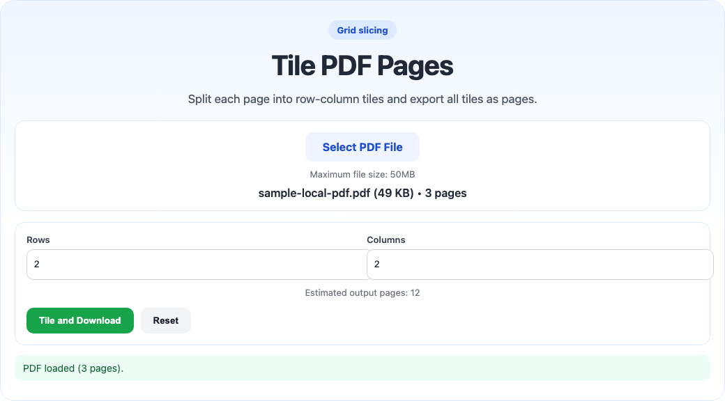 Tile PDF pages tool interface screenshot