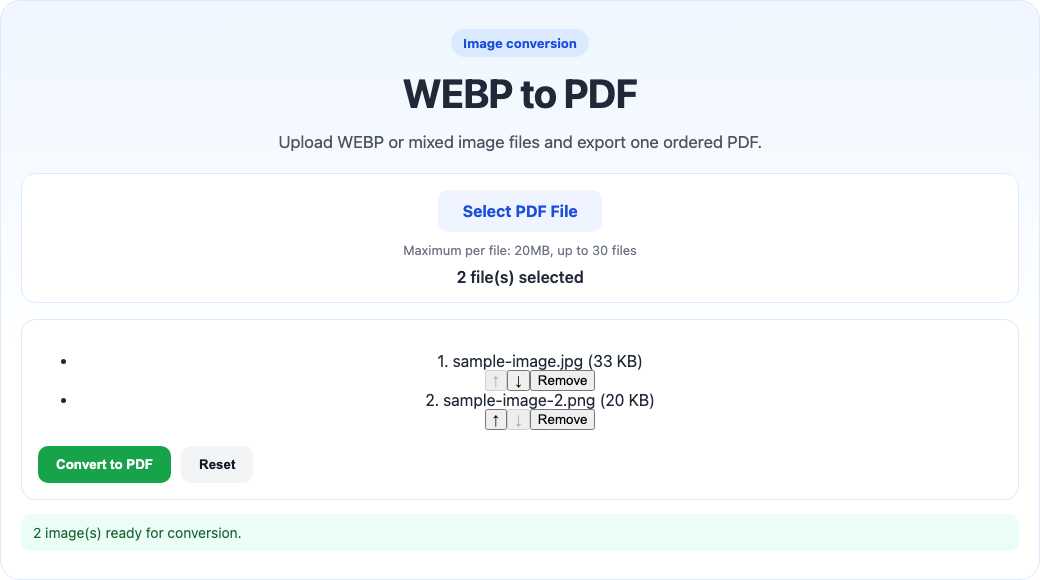 WEBP to PDF tool interface screenshot